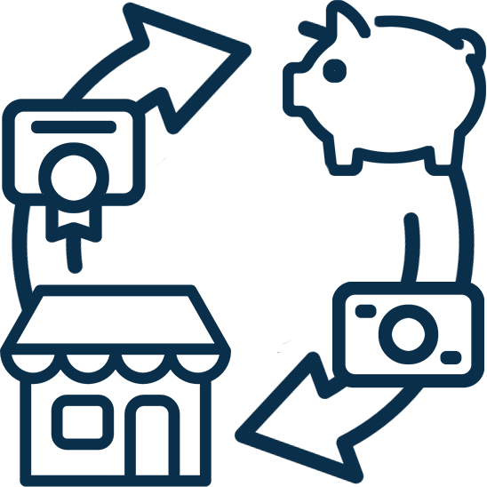 Illustration of a storefront with a piggy bank representing Step 4 of the directINVEST ROBS process: Invest Funds Into Your Business
